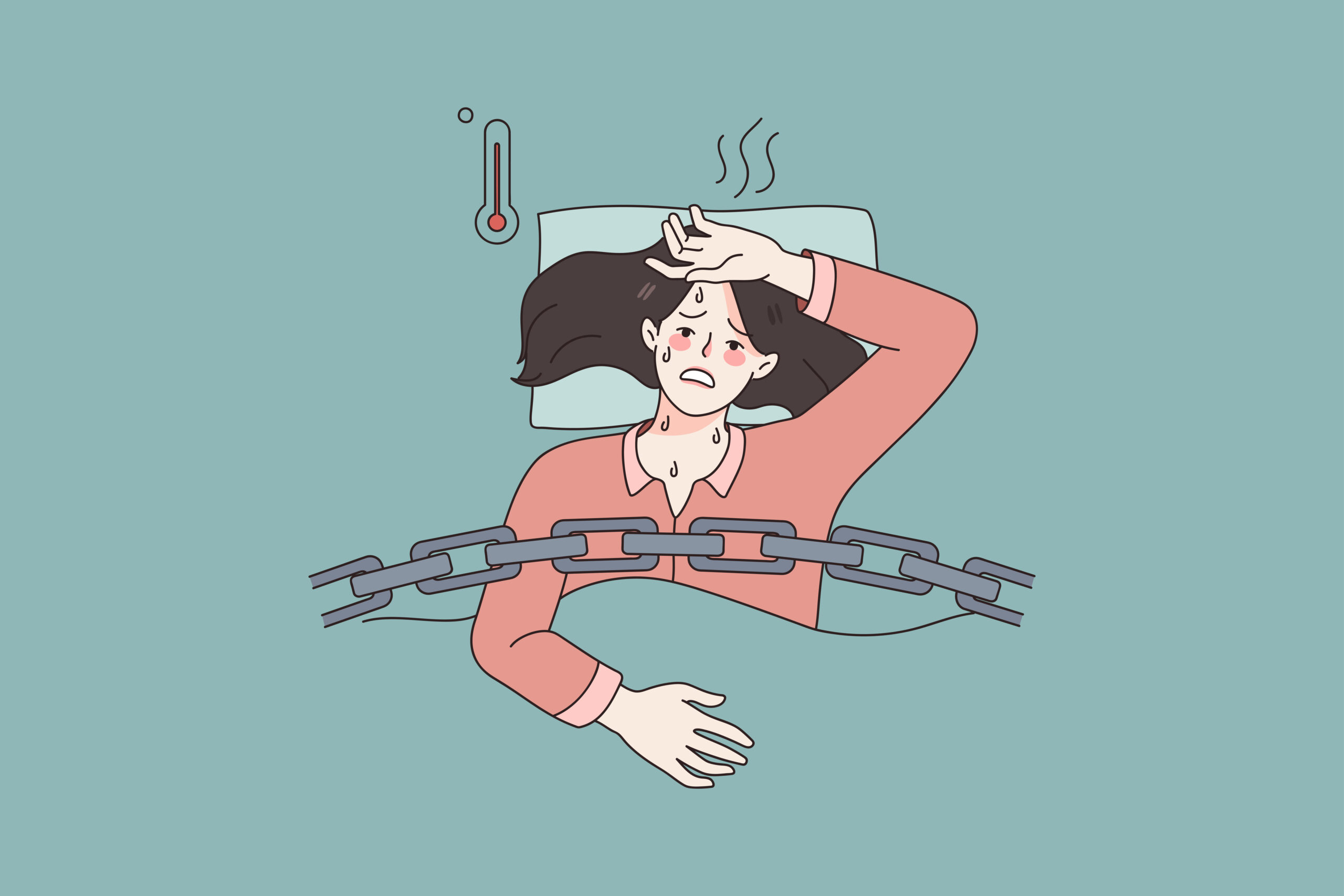 Fever and getting ill sick concept. Young woman staying in bed with high temperature feeling ill sick and having flu vector illustration